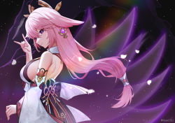 Rule 34 | 1girl, bare shoulders, breasts, fox tail, from side, genshin impact, hair between eyes, hair ornament, half-closed eyes, highres, japanese clothes, large breasts, long hair, long sleeves, looking at viewer, miko, multiple tails, nassss, petals, pink hair, purple background, sideboob, simple background, smile, tail, wide sleeves, yae miko