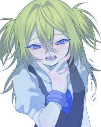 Rule 34 | 1girl, black vest, blue necktie, blush, commentary, crossed bangs, fang, green hair, hair between eyes, hand up, highres, looking at viewer, medium hair, meidodown, necktie, open mouth, original, short sleeves, simple background, solo, sweatband, two side up, upper body, v, vest, white background