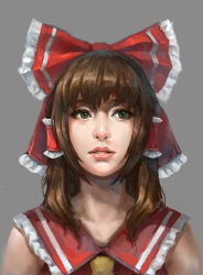 Rule 34 | 1girl, ascot, bow, brown hair, eyelashes, facing viewer, green eyes, grey background, hair bow, hair tubes, hakurei reimu, highres, lips, looking away, nose, pandawei, parted lips, portrait, realistic, simple background, solo, teeth, touhou