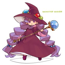 Rule 34 | 1girl, braid, dress, earrings, full body, hat, highres, holding, holding wand, jewelry, long hair, looking at viewer, monster maker, mota, open mouth, purple eyes, purple hair, rufia (monster maker), simple background, solo, staff, twin braids, wand, white background, witch hat