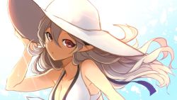 Rule 34 | 1girl, bikini, breasts, corrin (female) (fire emblem), corrin (female) (summer) (fire emblem), corrin (fire emblem), fire emblem, fire emblem awakening, fire emblem fates, fire emblem heroes, hair between eyes, hair ornament, hat, highres, long hair, nakabayashi zun, nintendo, official alternate costume, pointy ears, red eyes, sky, solo, swimsuit, white hair