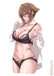 Rule 34 | 1girl, blush, bra, breasts, brown eyes, brown hair, collarbone, commentary, cowboy shot, cropped legs, ebifurya, groin, hair between eyes, highres, kantai collection, large breasts, long sleeves, looking to the side, mutsu (kancolle), navel, no pants, one-hour drawing challenge, open clothes, open shirt, panties, parted lips, shirt, short hair, sidelocks, simple background, smile, solo, thighs, twitter username, underwear, white background, white shirt