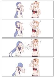 Rule 34 | 10s, 2girls, 4koma, ?, ^ ^, bare arms, blonde hair, blue hair, closed eyes, comic, commentary, drinking, hair flaps, hair ornament, hair ribbon, hairclip, highres, kantai collection, long hair, mikeco, multiple girls, navel, ramune, red eyes, ribbon, sailor collar, samidare (kancolle), scarf, skirt, smile, spitting, sweatdrop, swimsuit, very long hair, wet, white scarf, yuudachi (kancolle)