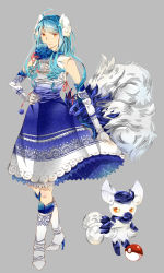 Rule 34 | 1girl, ahoge, blue dress, blue hair, boots, bow, creatures (company), dress, dual persona, elbow gloves, game freak, gen 6 pokemon, gloves, hair bow, hand on own hip, high heel boots, high heels, meowstic, meowstic (female), nintendo, personification, poke ball, poke ball (basic), pokemon, pokemon (creature), red eyes, tail, white footwear, white gloves, yellow eyes