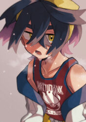 Rule 34 | 1boy, belt, belt buckle, black hair, blush, buckle, close-up, collarbone, colored inner hair, commentary request, creatures (company), crossed bangs, game freak, hayashi (pixiv), headband, heavy breathing, highres, jacket, kieran (pokemon), looking at viewer, lower teeth only, male focus, mole, mole on neck, multicolored hair, nintendo, off-shoulder jacket, off shoulder, open mouth, pokemon, pokemon sv, purple hair, red tank top, short hair, sweat, tank top, teeth, two-tone hair, upper body, yellow belt, yellow eyes, yellow headband
