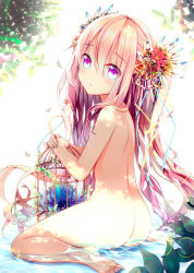Rule 34 | 1girl, :o, ass, back, barefoot, cage, feet, flower, flower on head, hair flower, hair ornament, kneeling, long hair, looking at viewer, looking back, nude, original, own hands clasped, own hands together, partially submerged, pink eyes, pink hair, soles, solo, very long hair, water, yadapot