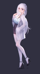 Rule 34 | 1girl, absurdres, alternate costume, alternate hairstyle, azur lane, blue eyes, breasts, commentary request, doctor, highres, illustrious (azur lane), lab coat, large breasts, long hair, mole, mole under eye, pantyhose, pen, skirt, solo, stethoscope, swd3e2, white hair