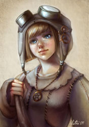Rule 34 | 1girl, blonde hair, blue eyes, bob cut, brown background, brown shirt, brown vest, commentary, dated, ekaterina orange, english commentary, freckles, goggles, goggles on head, jewelry, long sleeves, looking at viewer, merchant (ragnarok online), necklace, parted lips, ragnarok online, shirt, short hair, signature, solo, stitches, upper body, vest