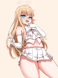 Rule 34 | 1girl, absurdres, blonde hair, blue eyes, elf, fang, from below, highres, kim wang jang, long glove, long hair, looking at viewer, looking down, naughty face, open mouth, original, pointy ears, skirt, smile, solo, thick thighs, thighs