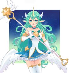 Rule 34 | 1girl, alternate costume, alternate eye color, alternate hair color, animal ears, armlet, bare shoulders, blue choker, blue skirt, breasts, choker, elbow gloves, gloves, green eyes, green hair, highres, holding, holding staff, horns, league of legends, long hair, looking at viewer, mad39, magical girl, medium breasts, night, night sky, outdoors, pointy ears, single horn, skirt, sky, smile, solo, soraka (league of legends), staff, standing, star guardian (league of legends), star guardian soraka, thighhighs, very long hair, white gloves, white thighhighs, wings