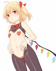 Rule 34 | 1girl, ahoge, bare arms, bare shoulders, black pantyhose, blonde hair, blush, breasts, commentary request, cowboy shot, crystal, flandre scarlet, hair between eyes, hair ribbon, heart pasties, looking at viewer, meme attire, miyo (ranthath), navel, no headwear, one side up, pantyhose, pasties, red eyes, red ribbon, reverse bunnysuit, reverse outfit, ribbon, short hair, simple background, sleeveless, small breasts, solo, standing, stomach, sweat, thighs, touhou, white background, wings, wrist cuffs