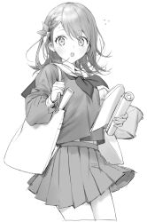 Rule 34 | 1girl, :o, bag, braid, breasts, copyright request, cowboy shot, cropped legs, flower, flying sweatdrops, greyscale, hair flower, hair ornament, highres, holding, holding paper, long sleeves, looking at viewer, medium breasts, medium hair, miniskirt, monochrome, naoko (naonocoto), neckerchief, paper, pleated skirt, sailor collar, school uniform, shoulder bag, simple background, skirt, solo, teeth, upper teeth only, white background