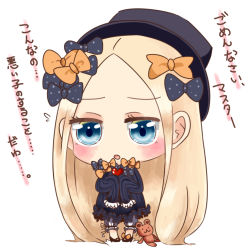 Rule 34 | 1girl, :o, abigail williams (fate), absurdly long hair, black bow, black dress, black footwear, black hat, blonde hair, bloomers, blue eyes, blush, bow, bug, butterfly, chibi, dress, fate/grand order, fate (series), flying sweatdrops, forehead, hair bow, hat, heart, high heels, holding, holding heart, insect, long hair, long sleeves, looking at viewer, manasuke, mary janes, orange bow, parted bangs, parted lips, pigeon-toed, polka dot, polka dot bow, shoes, simple background, sleeves past fingers, sleeves past wrists, solo, standing, stuffed animal, stuffed toy, teddy bear, translation request, underwear, very long hair, white background, white bloomers