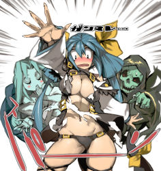 Rule 34 | 1girl, asymmetrical wings, blue hair, blush, breasts, colored skin, covering own mouth, dizzy (guilty gear), green hair, green skin, guilty gear, guilty gear xrd, guilty gear xrd: revelator, monster girl, navel, necro (guilty gear), ribbon, shirt, sketch, skull, sweatdrop, tail, tail ornament, tail ribbon, torn clothes, torn shirt, translated, undine (guilty gear), wardrobe malfunction, wings, ysk!