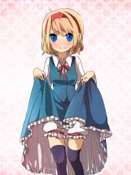 Rule 34 | 1girl, alice margatroid, black thighhighs, blonde hair, bloomers, blue eyes, clothes lift, dress, dress lift, female focus, heart, looking at viewer, short hair, smile, solo, thighhighs, touhou, tsuno no hito, underwear