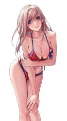 Rule 34 | 1girl, american flag bikini, american flag print, applekun, arm under breasts, bikini, blue eyes, breasts, cleavage, closed mouth, earrings, fate/grand order, fate (series), feet out of frame, flag print, hair down, hand on own knee, highres, holding own arm, jewelry, large breasts, long hair, looking at viewer, miyamoto musashi (fate), miyamoto musashi (fate/grand order), miyamoto musashi (swimsuit berserker) (fate), miyamoto musashi (swimsuit berserker) (second ascension) (fate), navel, pink hair, print bikini, simple background, solo, standing, straight hair, swimsuit, white background