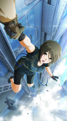 Rule 34 | 1girl, 71, bike shorts, brown eyes, brown hair, building, cable, cloud, day, falling, from above, gloves, holding hands, looking up, open mouth, original, scenery, science fiction, short hair, solo focus