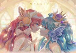 Rule 34 | 2girls, a yue, absurdres, aqua eyes, aqua hair, blue eyes, bow, butterfly hair ornament, commentary, crescent moon, crown, dress, english commentary, floral print, frilled dress, frills, glowing, glowing petals, hair bow, hair ornament, hatsune miku, headphones, headset, highres, holding hands, imminent kiss, indoors, looking at another, magnet (vocaloid), megurine luka, moon, multiple girls, open mouth, petals, pink hair, upper body, vocaloid, white dress, yuri