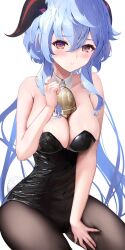 Rule 34 | 1girl, bell, black leotard, black pantyhose, blue hair, blush, breasts, brooch, cleavage, cowboy shot, detached collar, fake tail, ganyu (genshin impact), genshin impact, goat horns, hair between eyes, highres, horns, jewelry, large breasts, leotard, long hair, looking at viewer, neck bell, pantyhose, parted lips, playboy bunny, playing with own hair, purple eyes, rabbit tail, sidelocks, simple background, solo, strapless, strapless leotard, tail, towrituka, very long hair, white background