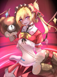 Rule 34 | 1girl, absurdres, adapted costume, bandaid on stomach, blonde hair, bow, crystal wings, flandre scarlet, hairband, highres, long hair, looking at viewer, navel, nyarocks, one side up, red background, red eyes, short sleeves, smile, solo, stuffed animal, stuffed toy, teddy bear, touhou, upper body, yellow bow