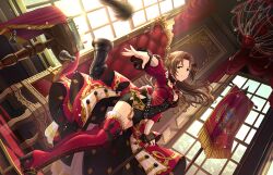 Rule 34 | 1girl, banner, boots, breasts, brown hair, cane, chair, chandelier, chess piece, cleavage, cross-laced footwear, forehead, game cg, hair ornament, high heel boots, high heels, idolmaster, idolmaster cinderella girls, idolmaster cinderella girls starlight stage, kawashima mizuki, lace-up boots, medium breasts, nail polish, official art, short shorts, shorts, smile, solo, table, teeth, thigh boots, window, yellow eyes