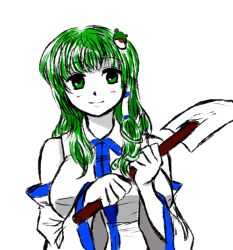 Rule 34 | 1girl, breasts, detached sleeves, female focus, frog, frog hair ornament, green hair, hair ornament, hilali, holding, japanese clothes, kochiya sanae, large breasts, long hair, long sleeves, miko, simple background, snake, snake hair ornament, solo, standing, touhou, upper body, vest, white background