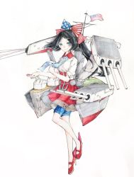 Rule 34 | 10s, 1girl, american flag, anchor, black hair, blue eyes, blush, bow, chain, dress shirt, flag, flag print, full body, hair bow, highres, kantai collection, long hair, looking at viewer, machinery, mary janes, original, ponytail, print bow, red skirt, ribbon, shirt, shoes, short sleeves, shorts, shorts under skirt, simple background, skirt, smile, solo, traditional media, turret, united states, uss missouri (bb-63), white background, yorktown cv-5