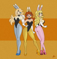 Rule 34 | 3girls, animal ears, ass, bare shoulders, black leotard, black neckwear, blonde hair, blue eyes, blue footwear, blue pantyhose, bow, bowtie, breasts, brown hair, cleavage, contrapposto, detached collar, earrings, elbow gloves, enchant, fake animal ears, full body, gloves, hair over one eye, hand on own hip, hand up, high heels, highres, jewelry, large breasts, legs, leotard, lips, long hair, looking at viewer, mario (series), medium breasts, multiple girls, nintendo, open mouth, pantyhose, parted lips, pink footwear, pink legwear, playboy bunny, princess daisy, princess peach, rabbit ears, rabbit tail, rosalina, sideboob, standing, strapless, strapless leotard, super mario galaxy, super mario land, tail, very long hair, white gloves, yellow footwear, yellow legwear