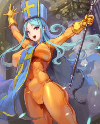 Rule 34 | 1girl, blue hair, bodysuit, breasts, covered navel, dragon quest, dragon quest iii, gloves, hat, kazo (kazozakazo), large breasts, long hair, looking at viewer, mitre, priest (dq3), puffy nipples, red eyes, smile, solo, thighs, yellow gloves