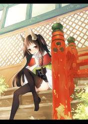 Rule 34 | 1girl, architecture, bad id, bad pixiv id, black thighhighs, braid, brown hair, east asian architecture, fangs, finger to mouth, grin, long hair, looking at viewer, mitsudomoe (shape), open mouth, original, osamu (10051213), red eyes, shrine, single braid, sitting, sitting on stairs, smile, solo, split-toe footwear, stairs, tabi, thighhighs, tomoe (symbol)