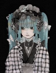Rule 34 | 1girl, aqua hair, black background, black bow, black eyes, blue hair, bow, frills, gothic lolita, hair bow, hairband, japanese clothes, kimono, kz m i, lolita fashion, long hair, looking at viewer, no pupils, original, painting (medium), parted lips, plaid, ribbon, simple background, solo, traditional media, twintails, upper body, watercolor (medium), white bow