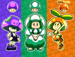 Rule 34 | 1-up mushroom, :d, arm up, black eyes, boots, bracelet, brown footwear, clenched hand, collar, commentary, dress, eemapso, english commentary, green dress, green footwear, green hair, grin, highres, jewelry, long hair, mario (series), mushroom, nintendo, open mouth, own hands together, personification, poison mushroom, propeller hat, propeller mushroom, purple footwear, smile, spiked bracelet, spiked collar, spikes