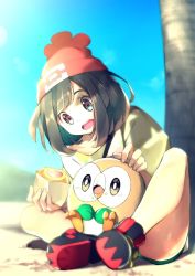Rule 34 | 1girl, beanie, blurry, commentary request, creatures (company), day, eyelashes, food, food on face, game freak, gen 7 pokemon, grey eyes, hat, highres, holding, nintendo, open mouth, outdoors, pokemon, pokemon (creature), pokemon sm, red headwear, rindoriko, rowlet, selene (pokemon), shirt, shoes, sitting, sky, smile, spread legs, t-shirt, teeth, tongue, tree