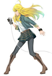 Rule 34 | 1girl, absurdres, ahoge, blonde hair, boots, brown footwear, dress shirt, floating hair, full body, gloves, green eyes, grey jacket, grey pantyhose, hair between eyes, highres, holding, holding microphone, hoshii miki, idolmaster, idolmaster (classic), jacket, knee boots, long hair, long sleeves, makise minami, microphone, miniskirt, open clothes, open jacket, open mouth, pantyhose, shirt, simple background, single glove, skirt, solo, standing, striped clothes, striped skirt, very long hair, white background, white shirt, wristband