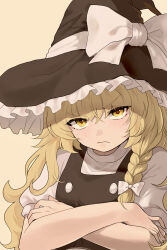 Rule 34 | 1girl, absurdres, black hat, black vest, blonde hair, bow, braid, buttons, crossed arms, frown, hair bow, hat, hat bow, highres, kirisame marisa, long hair, looking at viewer, puffy short sleeves, puffy sleeves, shirt, short sleeves, simple background, single braid, solo, touhou, vest, white bow, white shirt, witch hat, xantam0129, yellow eyes
