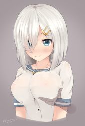 Rule 34 | 10s, 1girl, blue eyes, blush, breast hold, breasts, covered erect nipples, gradient background, hair ornament, hair over one eye, hairclip, hamakaze (kancolle), highres, kantai collection, kuavera, large breasts, short hair, silver hair, solo focus