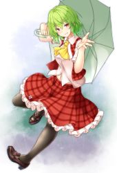 Rule 34 | 1girl, aka tawashi, ascot, black footwear, black pantyhose, blush, breasts, commentary request, green hair, grin, hair between eyes, hand up, head tilt, high heels, highres, holding, holding umbrella, kazami yuuka, loafers, looking at viewer, medium breasts, midriff peek, navel, pantyhose, parted lips, petticoat, plaid, plaid skirt, plaid vest, rain, red eyes, red skirt, red vest, shirt, shoes, short hair, short sleeves, skirt, smile, solo, touhou, umbrella, vest, white shirt, yellow ascot