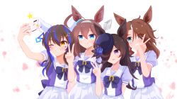 Rule 34 | 4girls, absurdres, ahoge, animal ears, blue eyes, blush, bow, bowtie, breasts, brown hair, cellphone, closed mouth, daitaku helios (umamusume), ear covers, flower, green eyes, grin, hair ornament, hair over one eye, hairband, hairclip, hand up, hat, hat flower, highres, holding, holding phone, horse ears, lexis yayoi, long hair, mejiro palmer (umamusume), mihono bourbon (umamusume), multicolored hair, multiple girls, one eye closed, open mouth, outstretched arm, phone, purple eyes, purple shirt, rice shower (umamusume), sailor collar, school uniform, selfie, shirt, skirt, small breasts, smile, streaked hair, teeth, tracen school uniform, umamusume, upper body, v, w, white skirt, yellow eyes