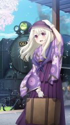 Rule 34 | 1girl, :d, absurdres, bag, blue sky, bow, cherry blossoms, cloud, day, fate/kaleid liner prisma illya, fate (series), floral print, game cg, gloves, hair between eyes, hakama, hakama skirt, hand on headwear, hat, highres, holding, holding bag, illyasviel von einzbern, japanese clothes, kimono, long hair, official art, open mouth, outdoors, print kimono, purple hakama, purple hat, purple kimono, red eyes, silver hair, skirt, sky, smile, solo, standing, striped clothes, striped kimono, train, train station, white gloves