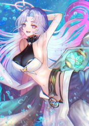 1girl arm_up armpits azur_lane bad_link bubble ganj-i-sawai_(azur_lane) halo highres multicolored_hair open_mouth smile solo two-tone_hair underwater