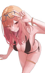 Rule 34 | 1girl, absurdres, ahoge, bikini, black bikini, blue-framed eyewear, blush, bracelet, breasts, cleavage, crossed bangs, earrings, eyewear on head, gold earrings, gradient hair, hair between eyes, hair ornament, hairclip, hairpin, hand up, hanging breasts, highres, hololive, hololive dev is, ichijou ririka, jewelry, large breasts, leaning forward, long hair, looking at viewer, multicolored hair, nail polish, one eye closed, orange eyes, orange hair, orange nails, parted lips, pink hair, side-tie bikini bottom, simple background, single earring, skindentation, smile, solo, steelball (jwk76806995), swimsuit, thighlet, thighs, unfinished, v, virtual youtuber