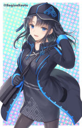 Rule 34 | 1girl, :d, arm up, between breasts, black dress, black gloves, black hair, black headwear, black jacket, black pantyhose, blue eyes, breasts, commission, cowboy shot, dress, gloves, hagino kouta, highres, jacket, long sleeves, looking at viewer, open clothes, open jacket, open mouth, original, pantyhose, parted bangs, polka dot, polka dot background, sideways hat, skeb commission, small breasts, smile, solo, strap between breasts