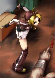 Rule 34 | 1girl, alley, bandana, blonde hair, brown eyes, earrings, fingerless gloves, gloves, hoop earrings, jewelry, knife, malin (kof), miniskirt, necklace, pencil skirt, short hair, skirt, snk, striped, taiji, the king of fighters, thighhighs