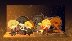 2girls 4boys ahoge azhong_123 black_coat black_eyes black_hair blonde_hair blood blood_in_hair cape chibi coat coat_on_shoulders collared_shirt constellation don_quixote_(project_moon) dual_persona e.g.o_(project_moon) full_body la_manchaland_(identity)_(project_moon) limbus_company long_hair long_sleeves multiple_boys multiple_girls n_corp._fanatic_(identity)_(project_moon) necktie open_mouth pants project_moon red_cape red_necktie sancho_(project_moon) shirt sidelocks sinclair_(project_moon) smile spicebush_(e.g.o) technology_liberation_alliance_(identity)_(project_moon) very_long_hair walking white_cape white_pants white_shirt yellow_eyes yi_sang_(project_moon)