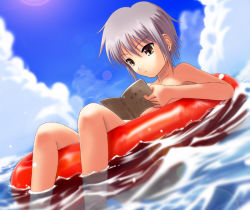 Rule 34 | 00s, 1girl, afloat, book, cloud, completely nude, day, dutch angle, female focus, innertube, lens flare, nagato yuki, nude, ocean, open book, outdoors, reading, short hair, silver hair, sky, solo, suzumiya haruhi no yuuutsu, swim ring, topfreedom, translation request, waves, yellow eyes