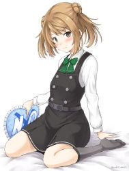 Rule 34 | &gt;:|, 1girl, :|, bad id, bad pixiv id, bed sheet, belt, belt buckle, black dress, black socks, blush, bow, bowtie, brown eyes, brown hair, buckle, buttons, closed mouth, collared shirt, commentary request, double-breasted, double bun, dress, frilled pillow, frills, full body, green bow, green bowtie, hair bun, highres, kantai collection, kneehighs, long sleeves, looking at viewer, michishio (kancolle), michishio kai ni (kancolle), no shoes, pillow, pinafore dress, shirt, short hair, simple background, sitting, sleeveless dress, socks, solo, tareme, twitter username, two side up, v-shaped eyebrows, wariza, white background, white shirt, wing collar, yes-no pillow, yuuki kazuhito