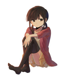 Rule 34 | 1girl, aaniko, asahina hiyori, black eyes, black hair, black thighhighs, blunt bangs, casual, closed mouth, collarbone, commentary, crossed legs, expressionless, full body, hand on own knee, jacket, kagerou project, legs, long hair, looking at viewer, low twintails, miniskirt, no shoes, open clothes, open jacket, pink jacket, pleated skirt, polka dot, polka dot shirt, shirt, simple background, sitting, skirt, sleeves past elbows, solo, thighhighs, twintails, white background, white shirt, yellow skirt
