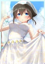 Rule 34 | 1girl, absurdres, arrow (projectile), bare shoulders, black hair, blue eyes, blue sky, bridal veil, clothes lift, cloud, cloudy sky, commentary request, day, dress, dress lift, from below, go-1, highres, holding, idolmaster, idolmaster cinderella girls, long hair, looking at viewer, off-shoulder dress, off shoulder, sagisawa fumika, sky, solo, veil, wedding dress, white dress