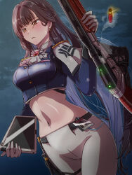 Rule 34 | 1girl, ascot, black hair, black jacket, blush, breasts, brown eyes, closed mouth, commentary request, cowboy shot, crop top, cropped jacket, epaulettes, frown, glint, gloves, goddess of victory: nikke, gun, highres, holding, holding gun, holding tablet pc, holding weapon, id card, jacket, long hair, long sleeves, marciana (nikke), margherita832, medium breasts, midriff, military jacket, military uniform, name tag, navel, navel piercing, pants, piercing, riding crop, shotgun, shotgun shell, sidelocks, solo, standing, tablet pc, tears, tight clothes, tight pants, uniform, weapon, white ascot, white gloves, white pants