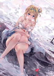 Rule 34 | 1girl, animal, arm support, bare shoulders, beach, bikini, blonde hair, blue eyes, blue jacket, blush, breasts, buoy, cleavage, closed mouth, cloud, cloudy sky, collarbone, dema hmw, dutch angle, frilled bikini, frills, girls&#039; frontline, groin, hair bun, hair ornament, hairband, hermit crab, highres, horizon, jacket, knees up, large breasts, lighthouse, long hair, looking at viewer, navel, ocean, off shoulder, official alternate costume, open clothes, open jacket, outdoors, partially submerged, rain, shore, side bun, sidelocks, single hair bun, single side bun, sitting, sky, smile, solo, suomi (girls&#039; frontline), suomi (midsummer pixie) (girls&#039; frontline), swimsuit, water, water drop, waves, white bikini